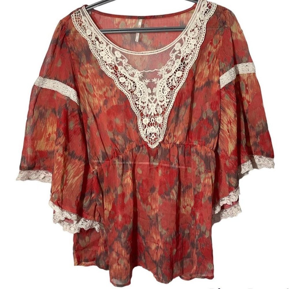 Free People Red and Orange Lace Trim Top